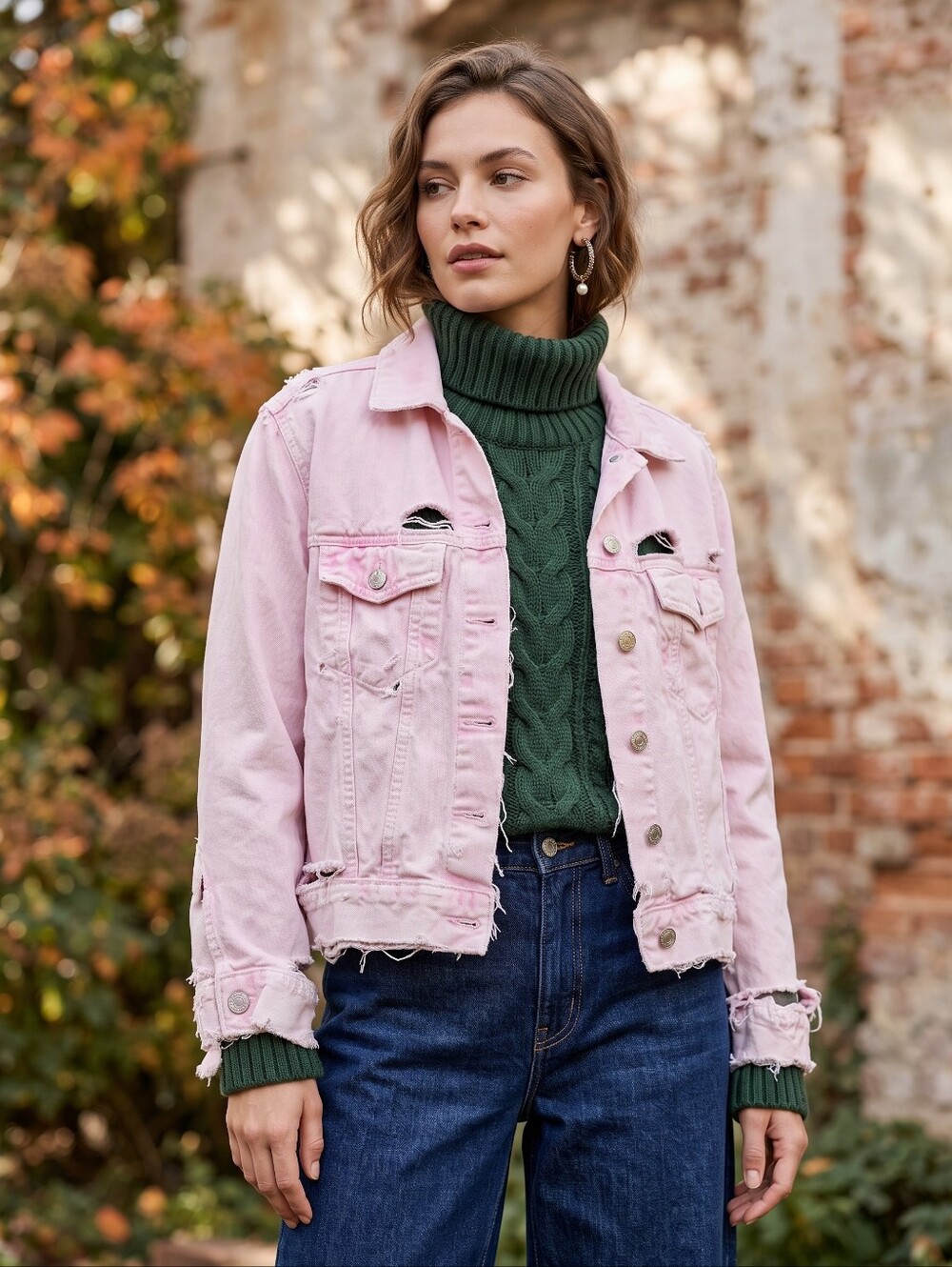 GAP Pink Distressed Denim Jacket Y2K Grunge Balletcore Raw Hem Indie Sleeze